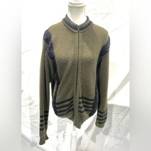 Vintage Wool Olive Navy Striped ZipUp Knit Sweater Italy Preppy Grunge 90s Large